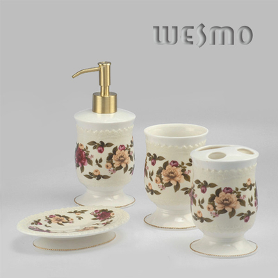 4 Pcs Flowers Printed Decorative Full Ceramic Bathroom Fixtures